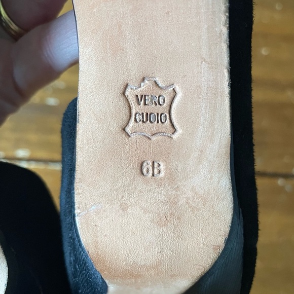 TALBOTS black Suede D'orsay Peeptoe rhinestone ribbon cocktail platform Heels 6 - Picture 6 of 8